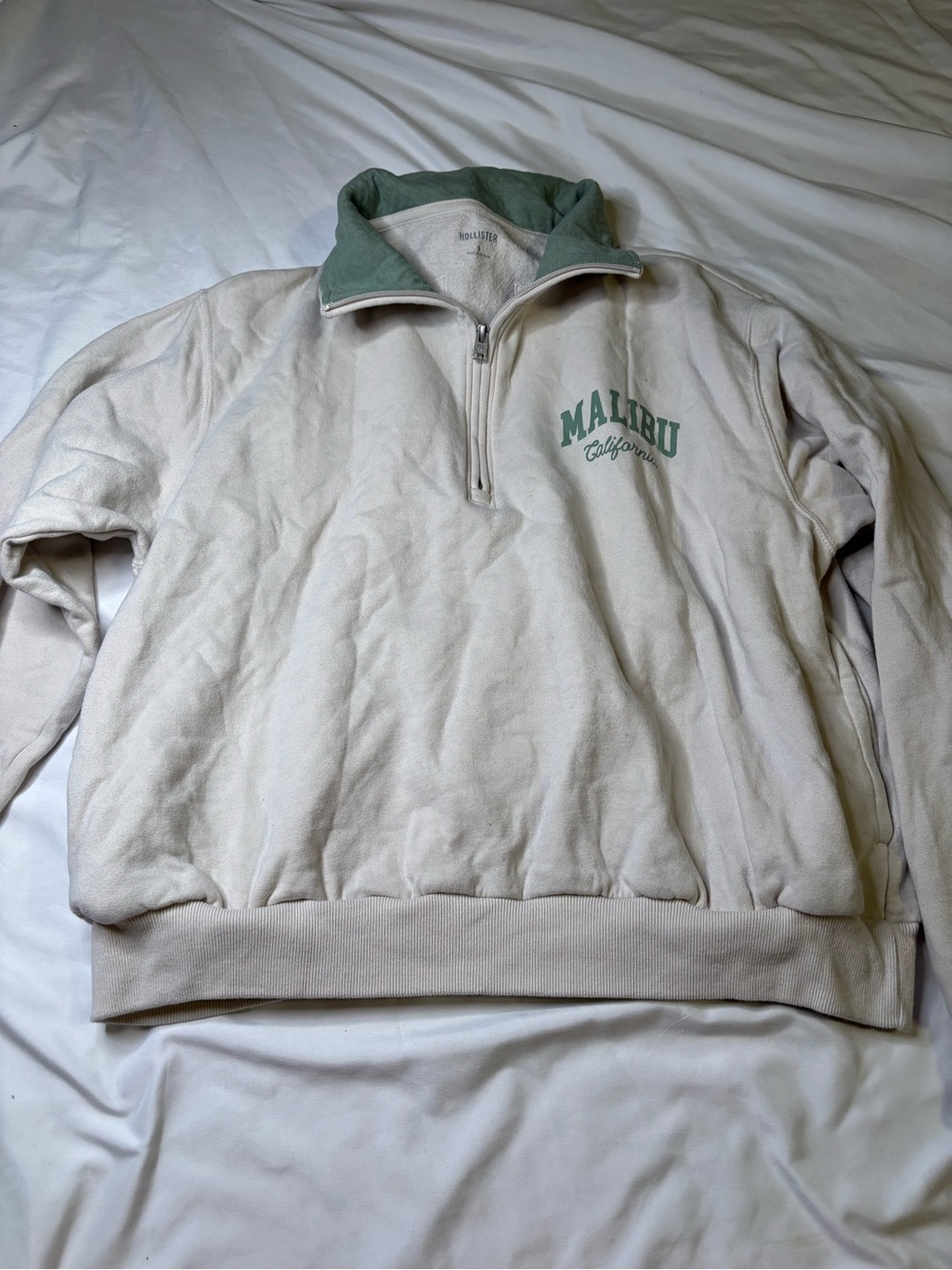 Hollister Cream Half-Zip Pullover with Green Collar